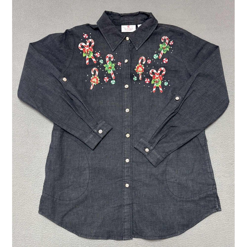 Quacker Factory Long Sleeve Tunic Shirt Womens S Embroidered Holiday Candy Cane